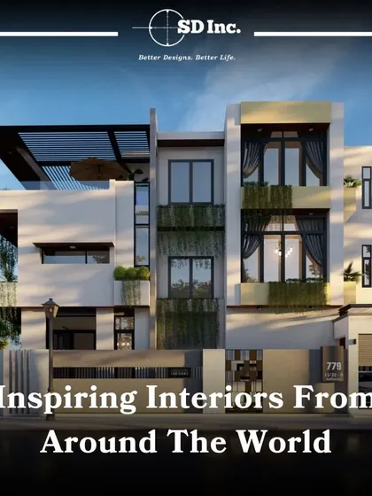 An inspirational image showcasing global design styles that influence my work. This particular home features a modern facade with a rooftop terrace and integrated greenery, reflecting a blend of styles.
