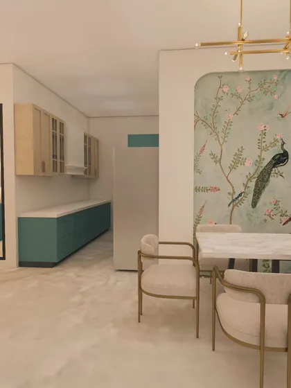 Another view of the dining area, showing how the wallpaper serves as a stunning backdrop. The modern dining chairs with gold frames complement the elegant and artistic feel of the space.