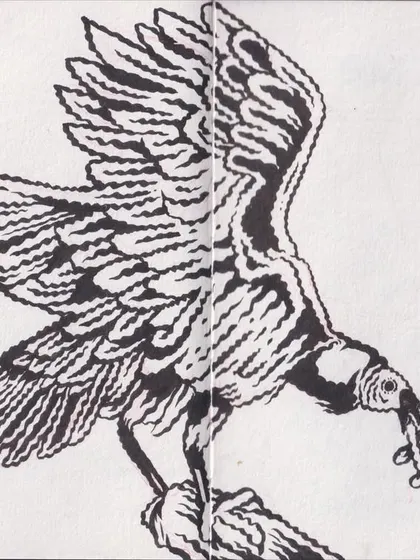 A powerful ink drawing of an eagle, filling the entire sketchbook spread. This was an exercise in capturing texture and form with only black ink.