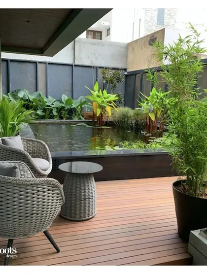 A serene corner of a patio is transformed with a raised koi pond and a wooden deck. The wicker chairs provide a comfortable spot to relax by the water, surrounded by aquatic plants and bamboo.