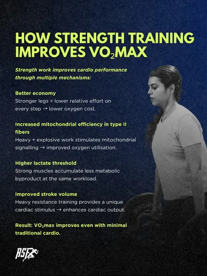 Strength training improves VO2max through multiple mechanisms. It enhances running economy, increases mitochondrial efficiency in type II fibers, and raises the lactate threshold.