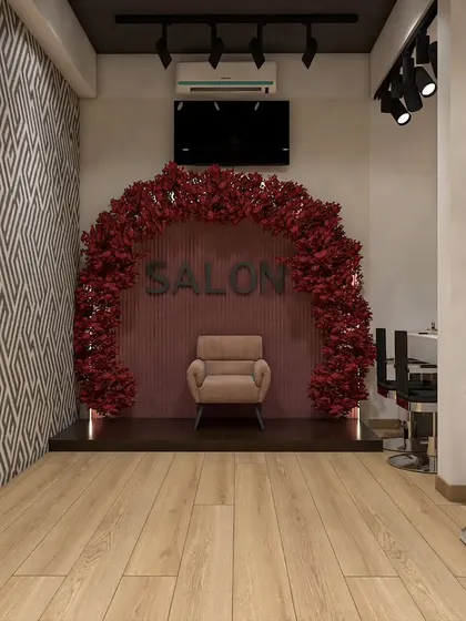 This is a 3D render of a salon's feature wall and waiting area. The dramatic red floral arch creates a perfect photo opportunity for clients, making the space instantly memorable and shareable on social media.