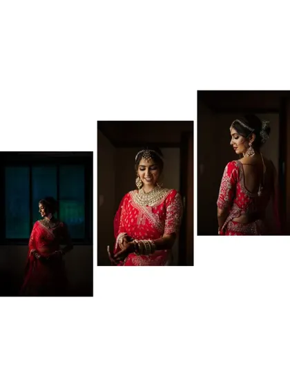 A series of moody and artistic bridal portraits in a stunning red lehenga, using dramatic window light.