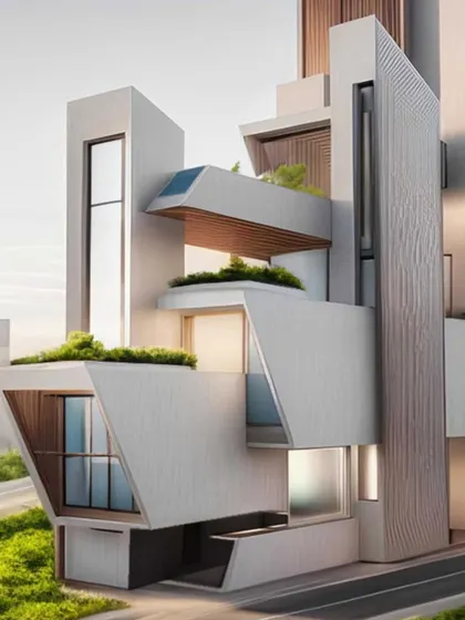 A conceptual building with interlocking angled volumes and green roof terraces.
