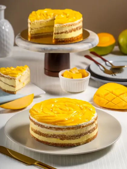 A full spread of mango-themed desserts, including whole cakes and slices, showcasing a seasonal menu for Barista.