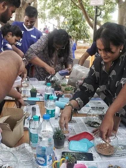 A group of students at Ramaiah University engaged in the terrarium making part of our full-day workshop. They learned about soil, plants, and creating a mini-ecosystem.