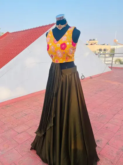 This outfit is for someone who loves to experiment with bold colors and modern designs.