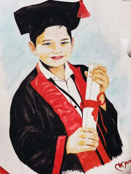 A close-up of a watercolor and acrylic portrait commissioned for a young boy's birthday. This medium allows for a softer, more illustrative style.