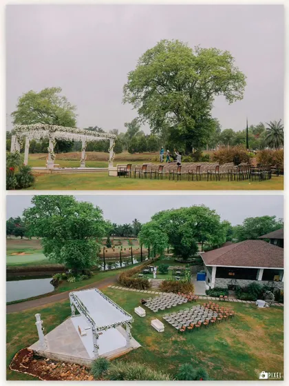 Drone shots of the stunning outdoor wedding setup at the resort, showcasing the beautiful landscape.