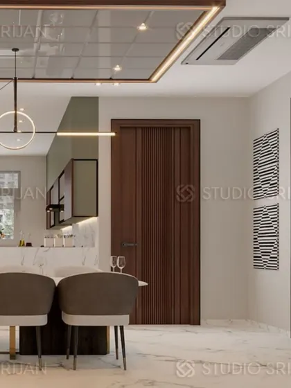 A detail of the dining area in Model Town, showing the clean lines of the furniture and the textured wooden door.