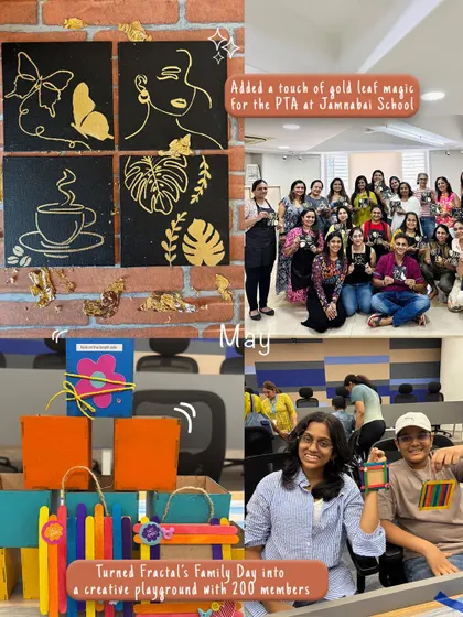 Highlights from a busy month, including a gold leaf magic workshop for the PTA at Jamnabai School and a massive creative event for Fractal's Family Day with 200 members.
