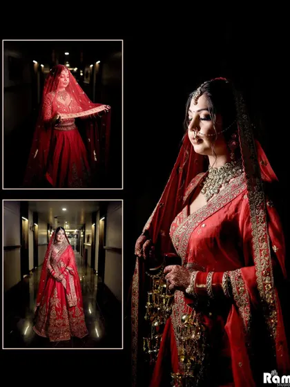 A collage of the bride's portraits in a hallway, using dramatic lighting to create a series of stunning and moody images.