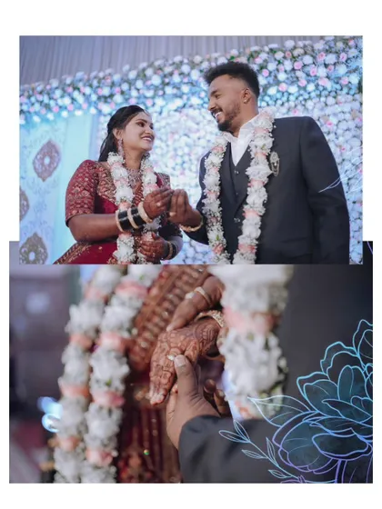 A collage focusing on the detail of the couple holding hands during their ring ceremony.