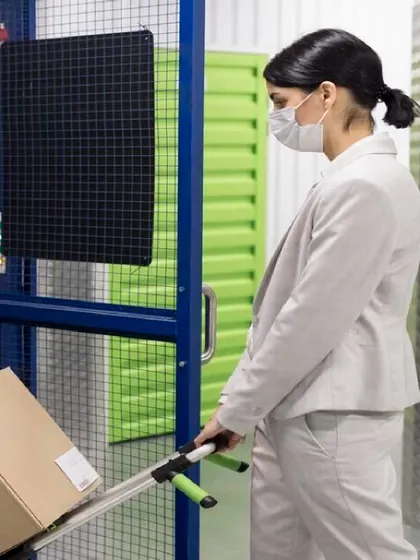 We make it easy for you to manage your inventory. This image shows a business professional effortlessly moving stock into one of our units, highlighting the convenience and accessibility of our facilities for day-to-day operations.