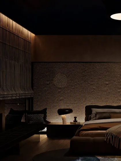 Another view of the guest bedroom, showing the fluted wall paneling and a comfortable bench. The play of light and shadow adds depth and character to the space.