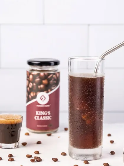 A tall glass of King's Classic iced coffee, complete with perfect condensation. This shot is all about making the drink look as refreshing and cool as it tastes.