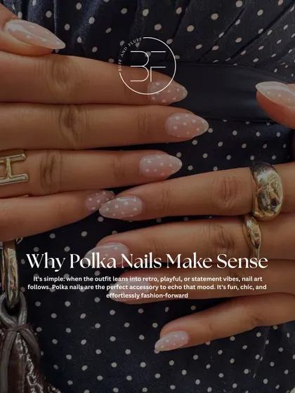 Why do polka dots make sense? Because when your outfit is playful or retro, your nails should match. This image shows a delicate white-on-nude polka dot design.