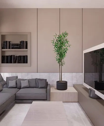A view of the lounge area in the rendered multifunctional guest room. The design ensures that even with a bed in the same space, the seating area feels like a dedicated, comfortable room for relaxation and entertainment.