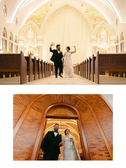 A fun, celebratory moment inside the church, and a joyful exit. This collage shows both the solemnity and the happiness of a wedding day, as the couple begins their journey together.