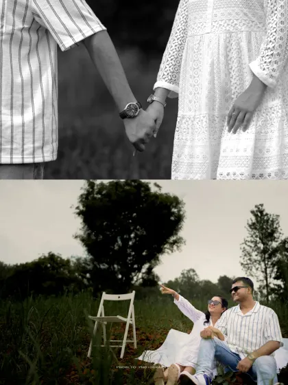 A collage showing the couple holding hands and enjoying a relaxed moment in nature, telling a small story of their connection.