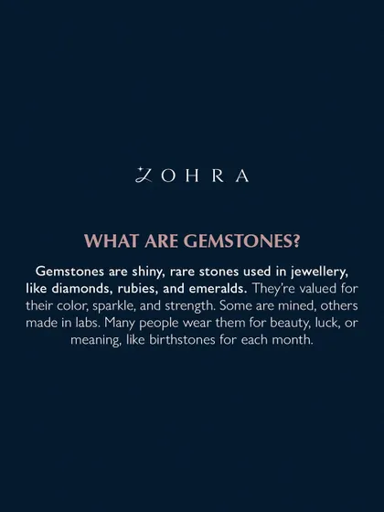 What are gemstones? They are shiny, rare stones used in jewellery, like diamonds, rubies, and emeralds. They are valued for their colour, sparkle, and strength. Many people wear them for beauty, luck, or meaning, like birthstones for each month.