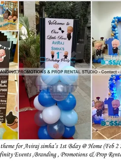 This Boss Baby first birthday party at home features a clean and stylish setup. A backdrop with a blue and white balloon arch, character cutouts, and a personalized milestone board create a fun and "official" celebration for the little boss.