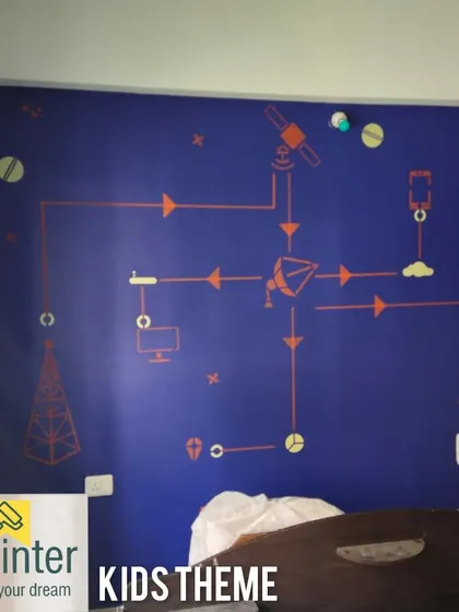 A unique kids' room theme featuring a technology and connectivity diagram in orange on a deep blue wall. This is a great example of a modern, educational design.