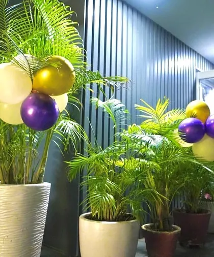 Even the plants get dressed up for the party. I used simple balloon clusters to extend the purple and gold birthday theme throughout the entire rooftop space.