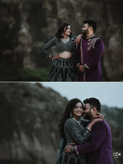 A diptych of the couple posing against a rocky, natural backdrop, capturing both their individual style and their connection.