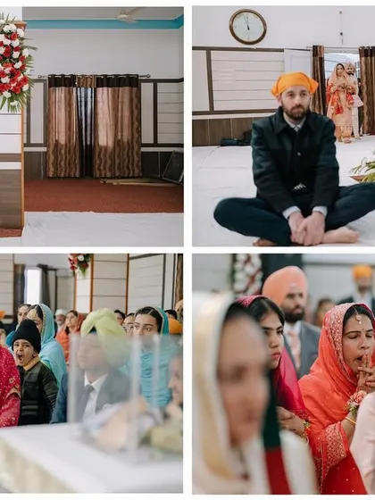 The serene atmosphere inside a Gurudwara during a Punjabi wedding ceremony. I capture the quiet, respectful moments of prayer and reflection.