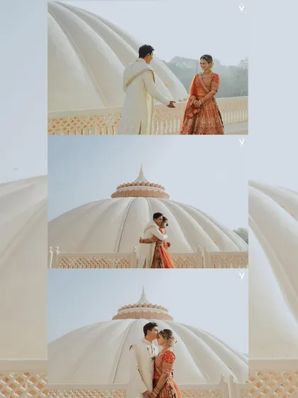 A sequence of images capturing the couple's first look against the stunning architecture of Indana Palace. The grand dome in the background creates a truly epic and memorable scene.