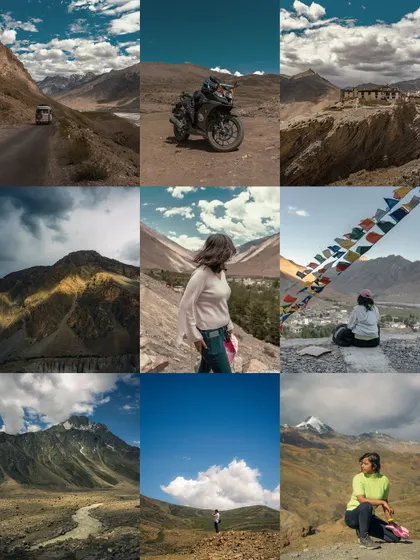 A collage of my adventures in Spiti Valley, from riding on a motorcycle to sitting peacefully and admiring the view. Each picture holds a memory of this incredible journey.