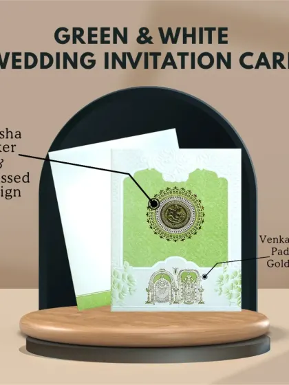 This green and white wedding invitation card features a Venkateshwara Padmavati gold foiling design. It's a beautiful way to incorporate divine blessings into your announcement.