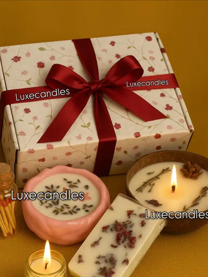 One of my luxury Diwali hampers, featuring a coconut shell candle, a lotus candle, a wax bar, and a jar of matches. It's a complete and thoughtful gift.