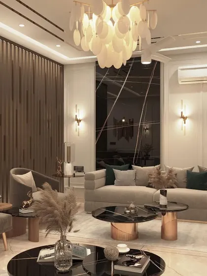 A 3D render of a drawing and dining room, illustrating a design concept with a wooden partition, plush seating, and modern lighting. This is where the vision for a project begins.