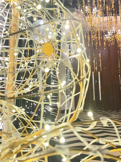 A close-up of the lighting details from a Sangeet entrance. The wireframe globes are wrapped in fairy lights, creating a warm and magical glow that adds to the celebratory atmosphere.