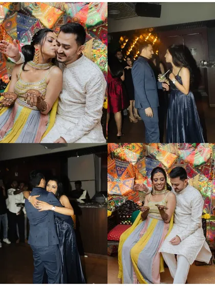 A collage of fun and intimate moments from a Mehendi and cocktail party. It shows the couple sharing kisses, dancing, and enjoying the celebration with their loved ones.