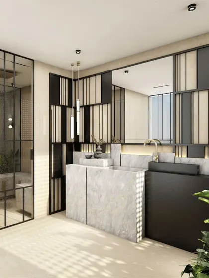 A refined composition of marble and black metal defines this modern bathroom. A patterned screen wall adds rhythmic detail, while the monolithic marble vanity acts as a sculptural centerpiece.