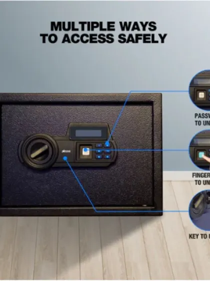 This infographic details the multiple secure access methods for the Safilo Bio-Z series. You can unlock your safe using a password, a registered fingerprint, or a backup mechanical key, providing layers of security and convenience.