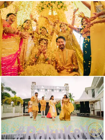 A collage of high-energy moments from a Haldi, from being showered with petals to dancing on stage.
