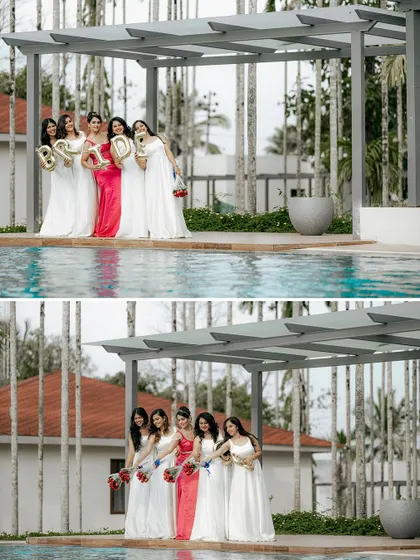 A poolside shot of the bride and her bridesmaids, showing how the pink and white dresses complement each other in a beautiful outdoor setting.