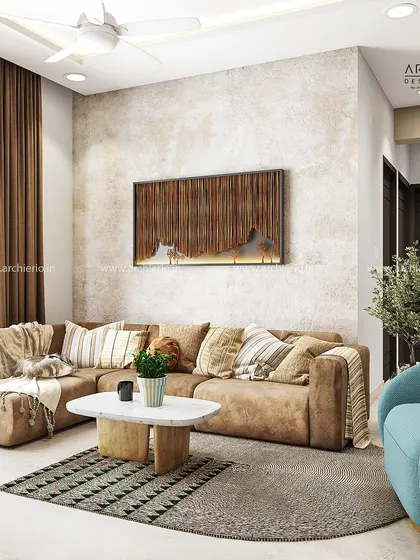 An earthy and inviting living room with a comfortable brown sectional sofa and a textured accent wall. The design feels warm, grounded, and perfect for relaxing.
