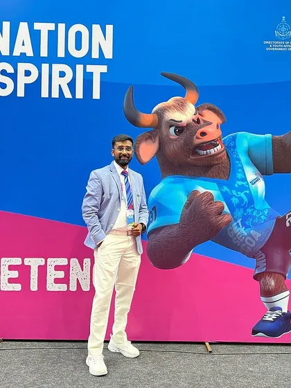 Another photo with the "One Nation One Spirit" backdrop at the Goa games.