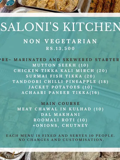 The menu for my non-vegetarian Indian DIY BBQ kit. It comes packed with flavorful pre-marinated starters like Mutton Seekh and Chicken Tikka Kali Mirch, along with a hearty main course of Meat Chawal in a kulhad.