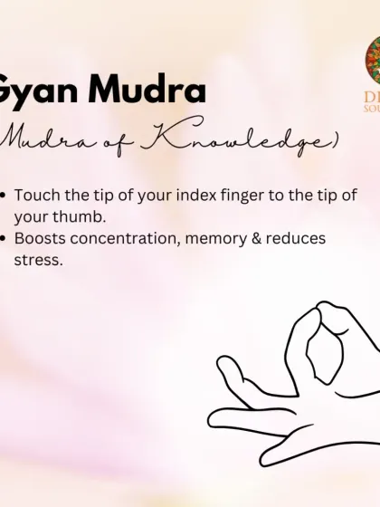 Gyan Mudra is the Mudra of Knowledge. By touching the tip of the index finger to the thumb, you can boost concentration, improve memory, and reduce stress. We often use this mudra during meditation.