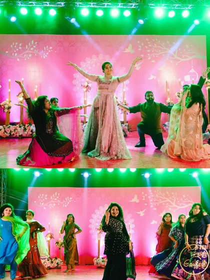 A collage of beautiful dance performances from a Sangeet night with an elegant pink backdrop.