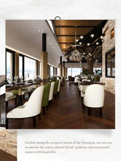 A detailed view of the restaurant design for ITC Narkanda. The space features a mix of seating arrangements, elegant white and green chairs, and a herringbone wood floor, creating a sophisticated dining environment.