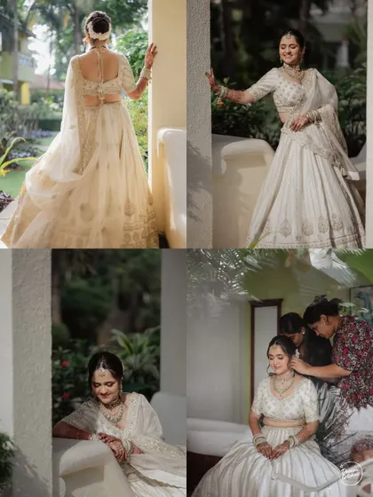 A collage of the bride getting ready and posing for portraits on her wedding day in Goa, looking radiant and happy.