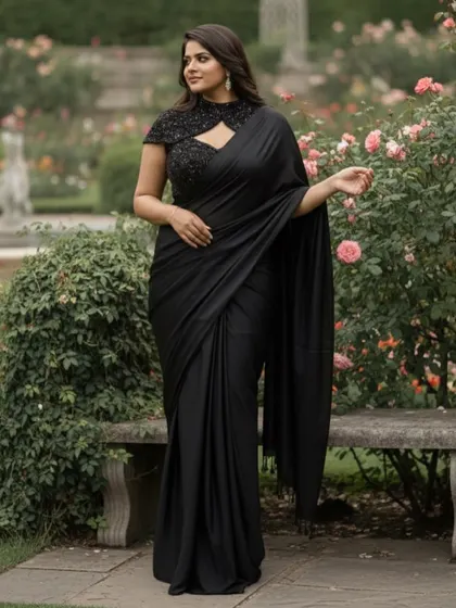 This shot highlights the unique cut of the embellished blouse and the graceful fall of the satin fabric.