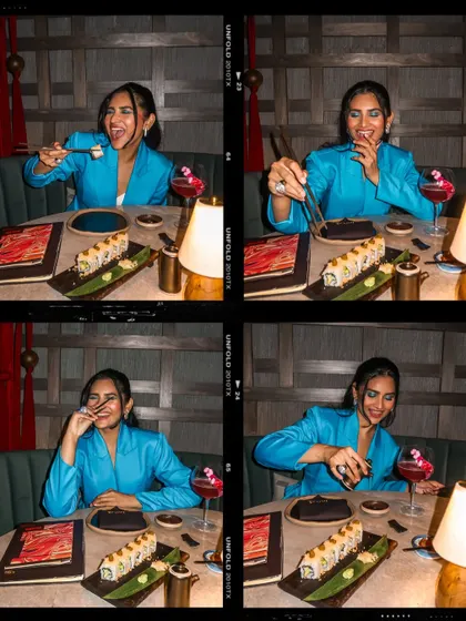 A fun collage of me enjoying the sushi at Donmai, showing my genuine enjoyment of the food.